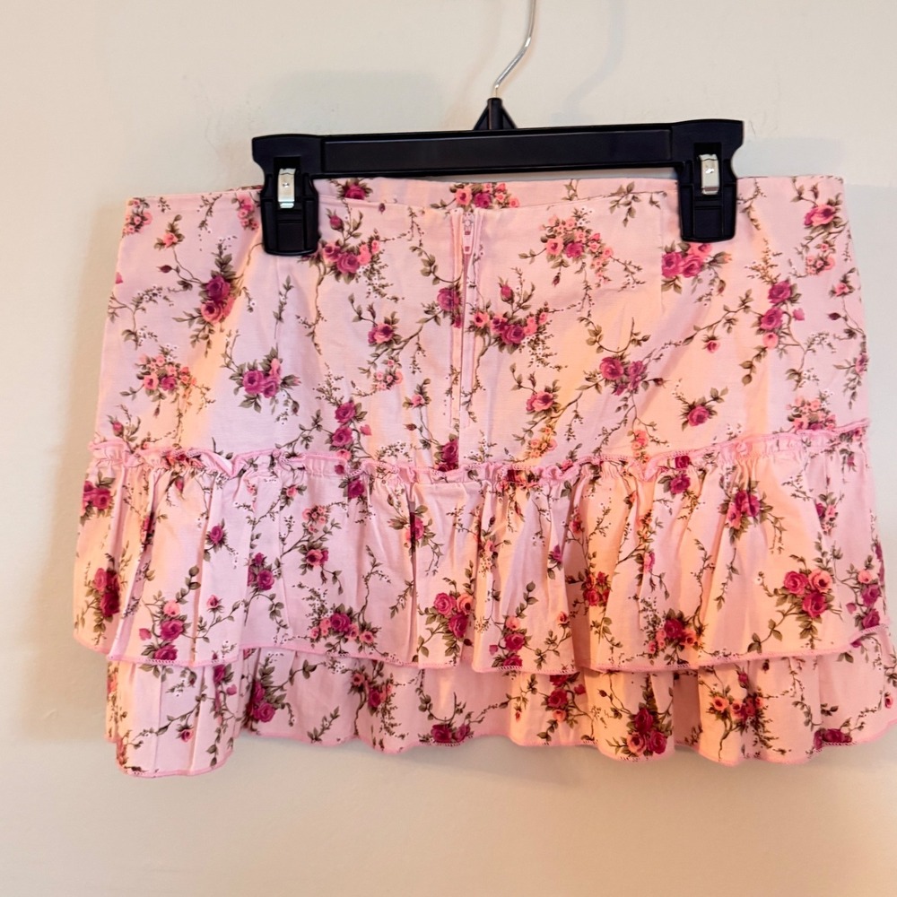 Gabriella Pink Floral Ruffle Mini Skirt Tiered Cottagecore Rose Print Small